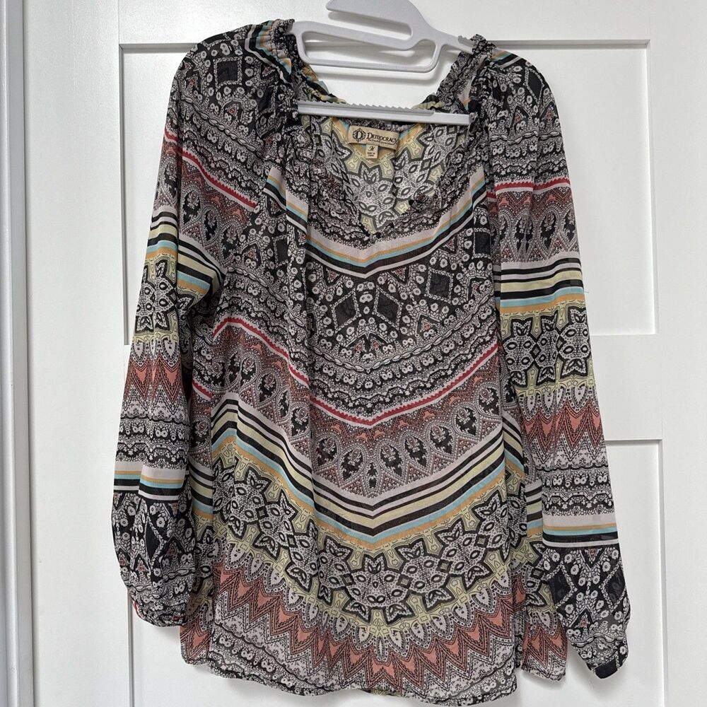Democracy Woman's Tunic Blouse Size M Earth Tones Aztec Boho Chic Sheer Bohemian
